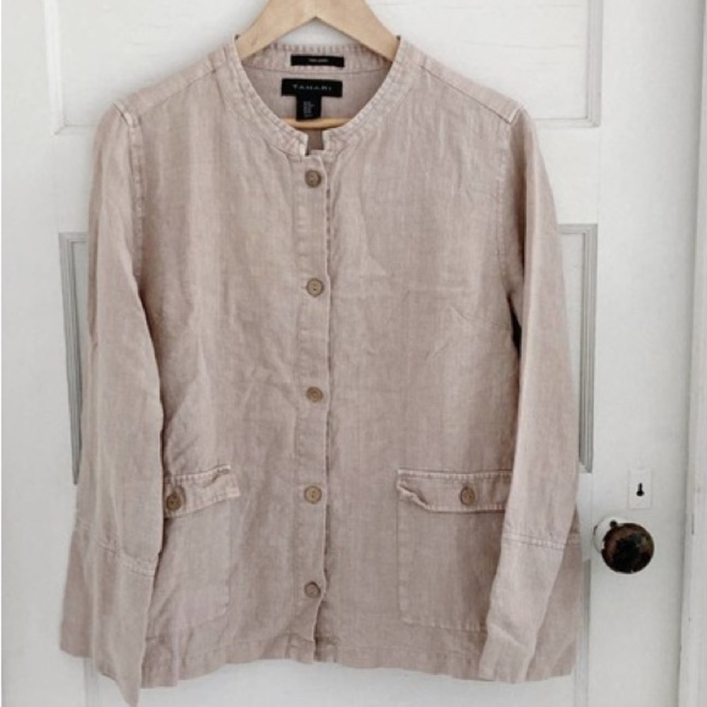 TAHARI Beige Linen Lagenlook Button Down Jacket Tunic Size M NWT